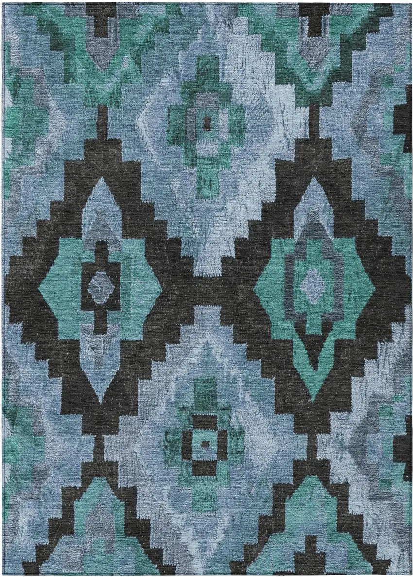 Teal Blue And Charcoal Aztec Washable Indoor Outdoor Area Rug Photo 1