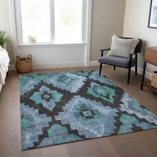 Teal Blue And Charcoal Aztec Washable Indoor Outdoor Area Rug Photo 7