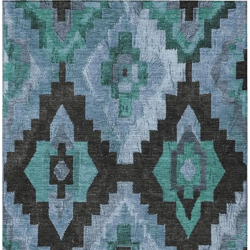 Teal Blue And Charcoal Aztec Washable Indoor Outdoor Area Rug Photo 3