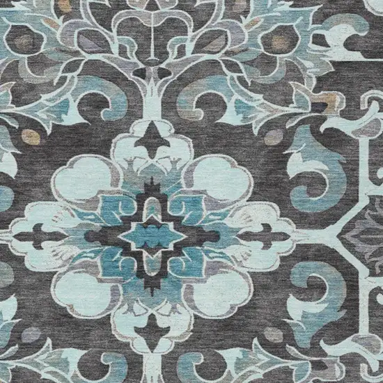 Teal Blue And Charcoal Damask Washable Indoor Outdoor Area Rug Photo 3