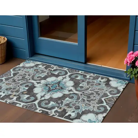 Teal Blue And Charcoal Damask Washable Indoor Outdoor Area Rug Photo 2