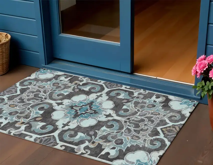 Teal Blue And Charcoal Damask Washable Indoor Outdoor Area Rug Photo 2
