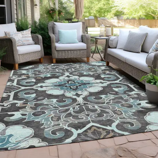 Teal Blue And Charcoal Damask Washable Indoor Outdoor Area Rug Photo 5