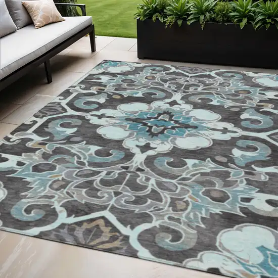Teal Blue And Charcoal Damask Washable Indoor Outdoor Area Rug Photo 2