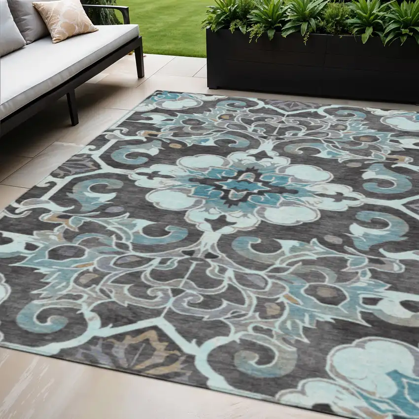 Teal Blue And Charcoal Damask Washable Indoor Outdoor Area Rug Photo 2