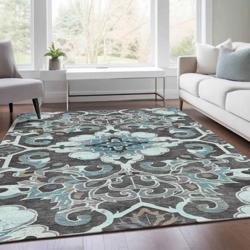 Teal Blue And Charcoal Damask Washable Indoor Outdoor Area Rug Photo 7