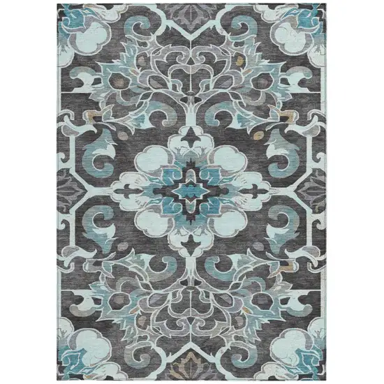 Teal Blue And Charcoal Damask Washable Indoor Outdoor Area Rug Photo 3