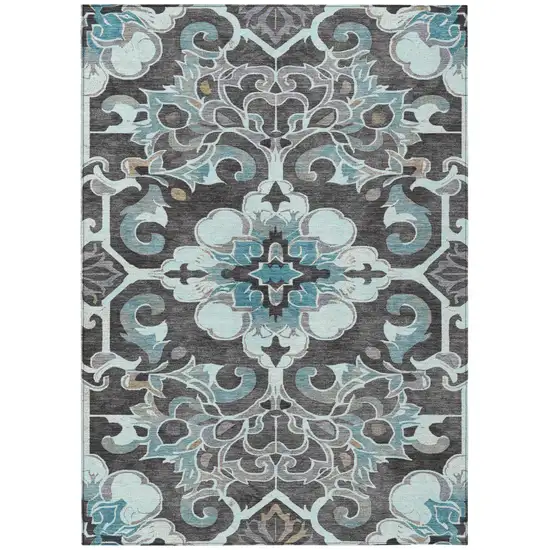 Teal Blue And Charcoal Damask Washable Indoor Outdoor Area Rug Photo 1