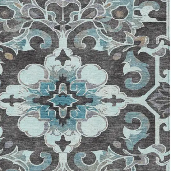 Teal Blue And Charcoal Damask Washable Indoor Outdoor Area Rug Photo 4