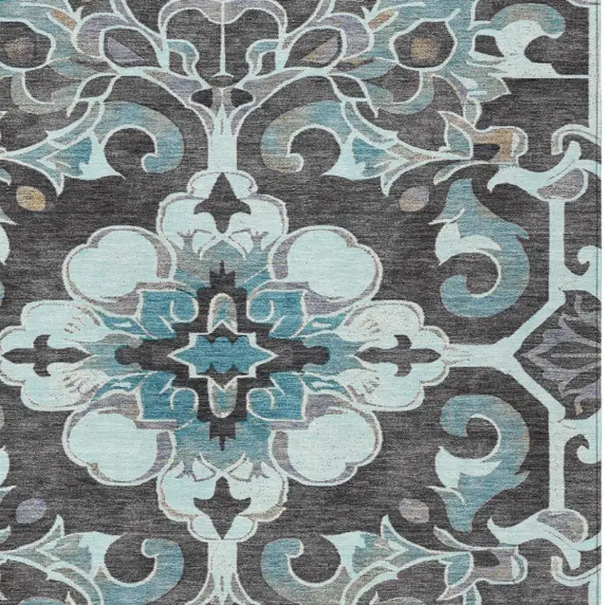Teal Blue And Charcoal Damask Washable Indoor Outdoor Area Rug Photo 4