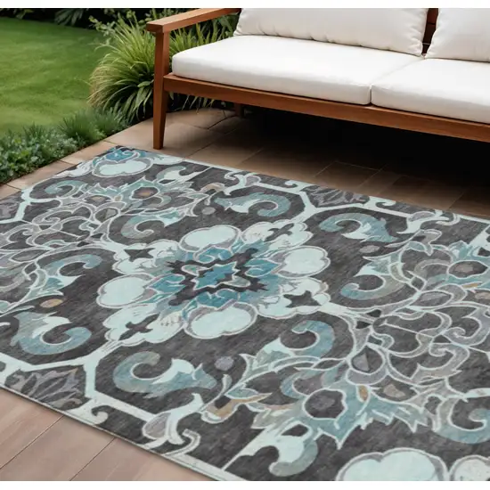 Teal Blue And Charcoal Damask Washable Indoor Outdoor Area Rug Photo 2
