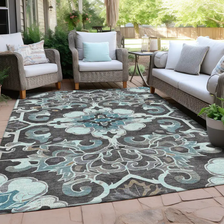 Teal Blue And Charcoal Damask Washable Indoor Outdoor Area Rug Photo 5