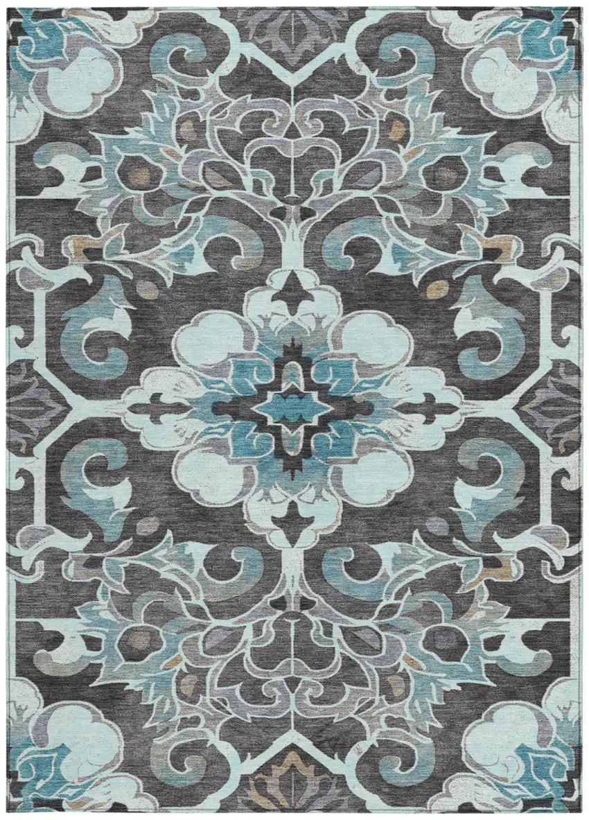 Teal Blue And Charcoal Damask Washable Indoor Outdoor Area Rug Photo 3