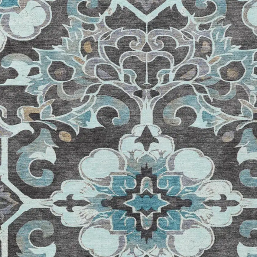 Teal Blue And Charcoal Damask Washable Indoor Outdoor Area Rug Photo 4