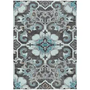Photo of Teal Blue And Charcoal Damask Washable Indoor Outdoor Area Rug