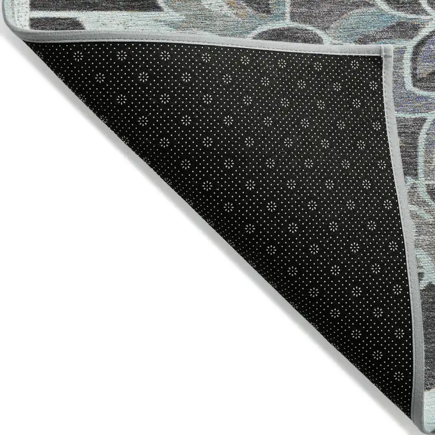 Teal Blue And Charcoal Damask Washable Indoor Outdoor Area Rug Photo 8