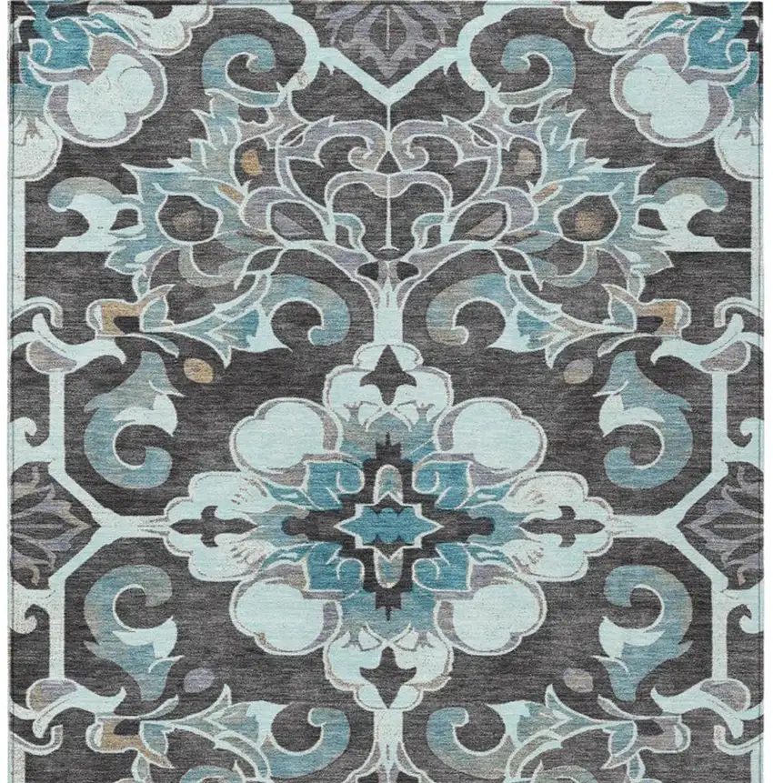 Teal Blue And Charcoal Damask Washable Indoor Outdoor Area Rug Photo 6