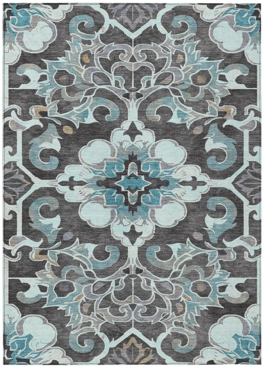 Teal Blue And Charcoal Damask Washable Indoor Outdoor Area Rug Photo 1