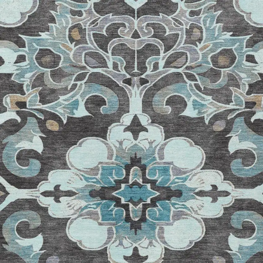 Teal Blue And Charcoal Damask Washable Indoor Outdoor Area Rug Photo 3