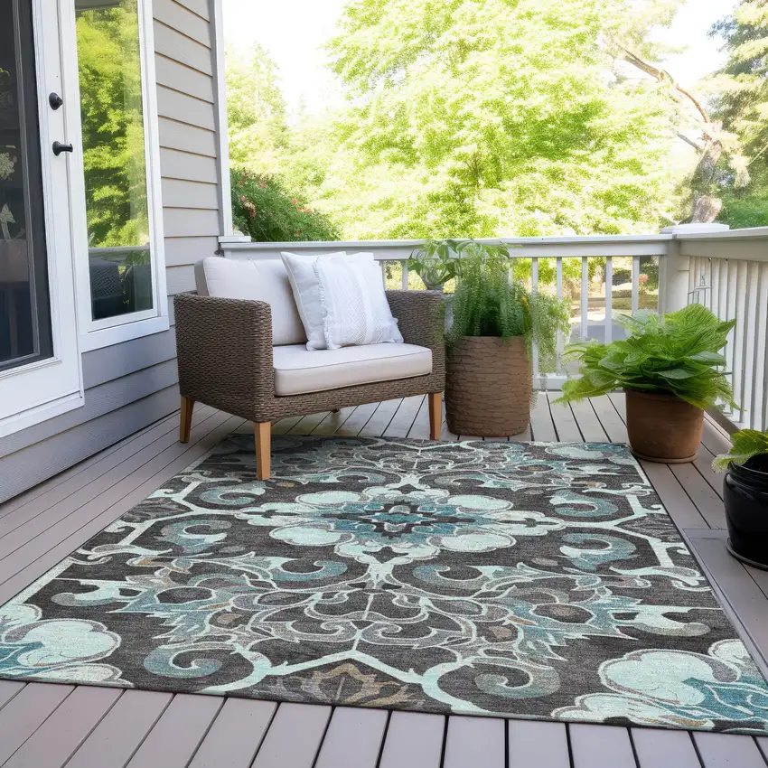 Teal Blue And Charcoal Damask Washable Indoor Outdoor Area Rug Photo 8