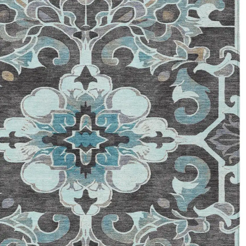 Teal Blue And Charcoal Damask Washable Indoor Outdoor Area Rug Photo 7