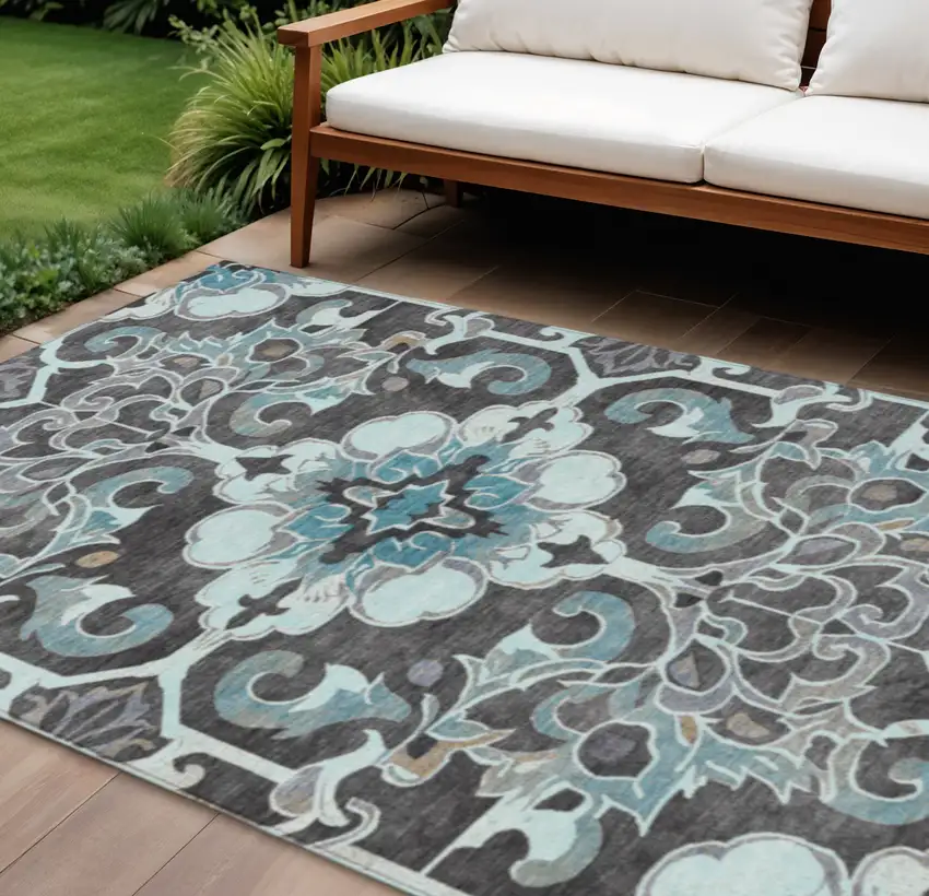 Teal Blue And Charcoal Damask Washable Indoor Outdoor Area Rug Photo 2