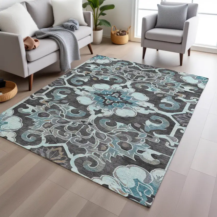 Teal Blue And Charcoal Damask Washable Indoor Outdoor Area Rug Photo 6