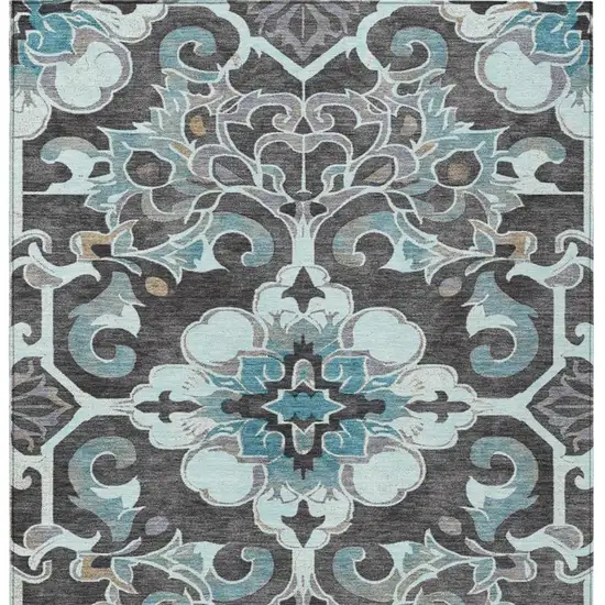 Teal Blue And Charcoal Damask Washable Indoor Outdoor Area Rug Photo 4