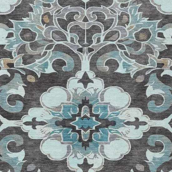 Teal Blue And Charcoal Damask Washable Indoor Outdoor Area Rug Photo 3