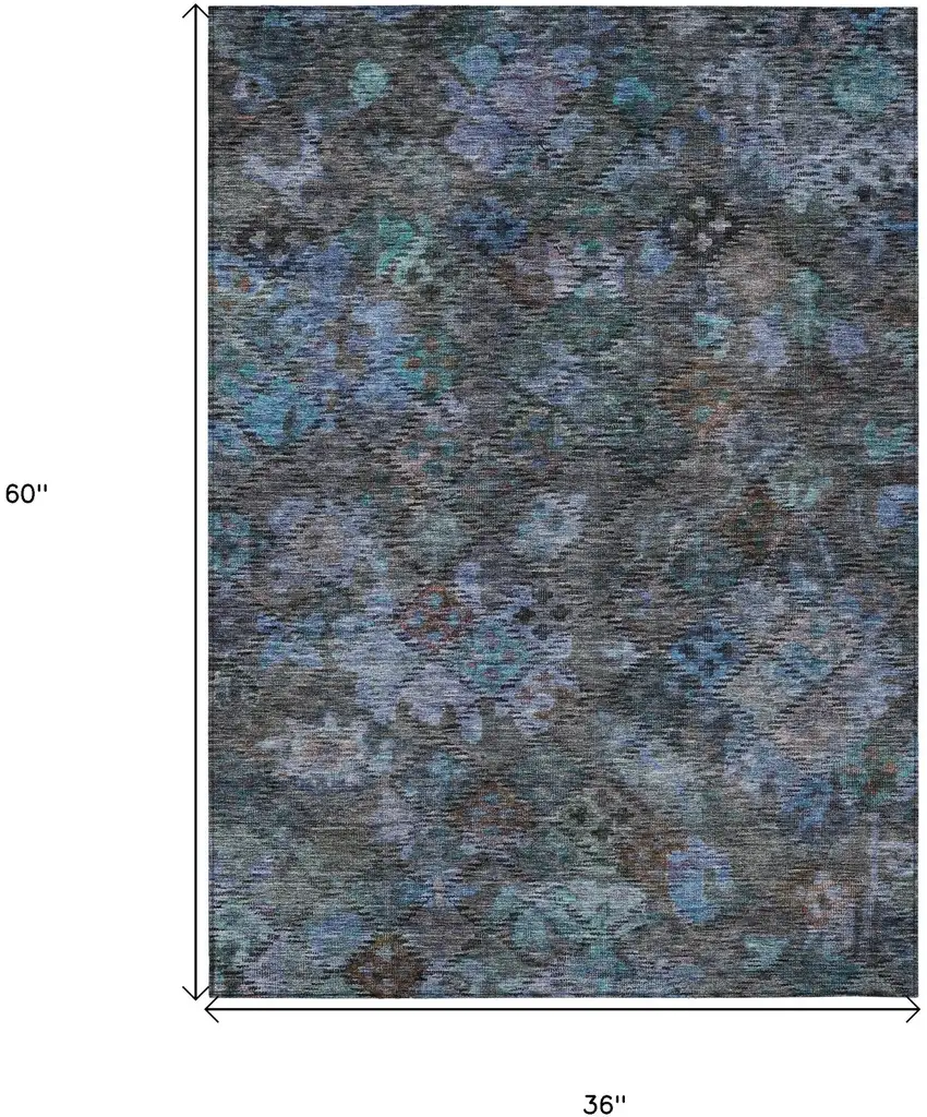 Teal Blue And Charcoal Floral Washable Indoor Outdoor Area Rug Photo 8