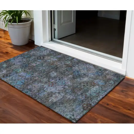 Teal Blue And Charcoal Floral Washable Indoor Outdoor Area Rug Photo 1