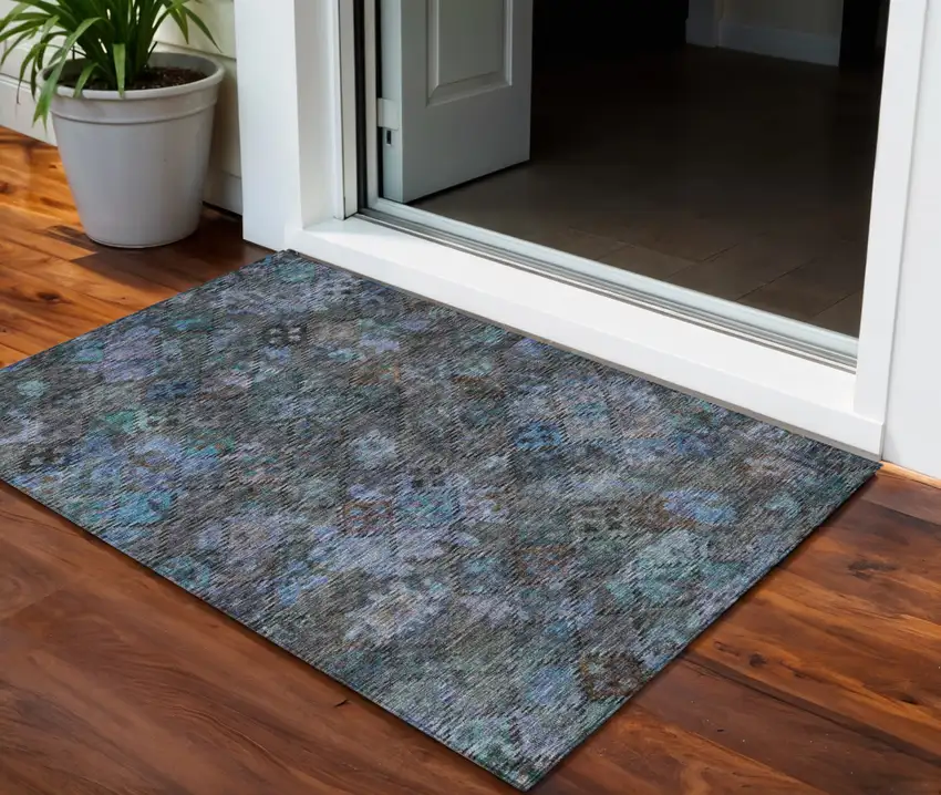 Teal Blue And Charcoal Floral Washable Indoor Outdoor Area Rug Photo 1