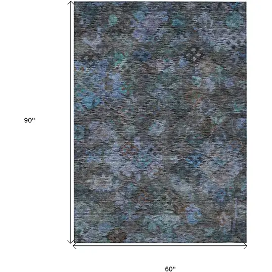 Teal Blue And Charcoal Floral Washable Indoor Outdoor Area Rug Photo 8