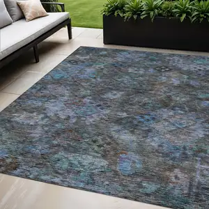 Photo of Teal Blue And Charcoal Floral Washable Indoor Outdoor Area Rug