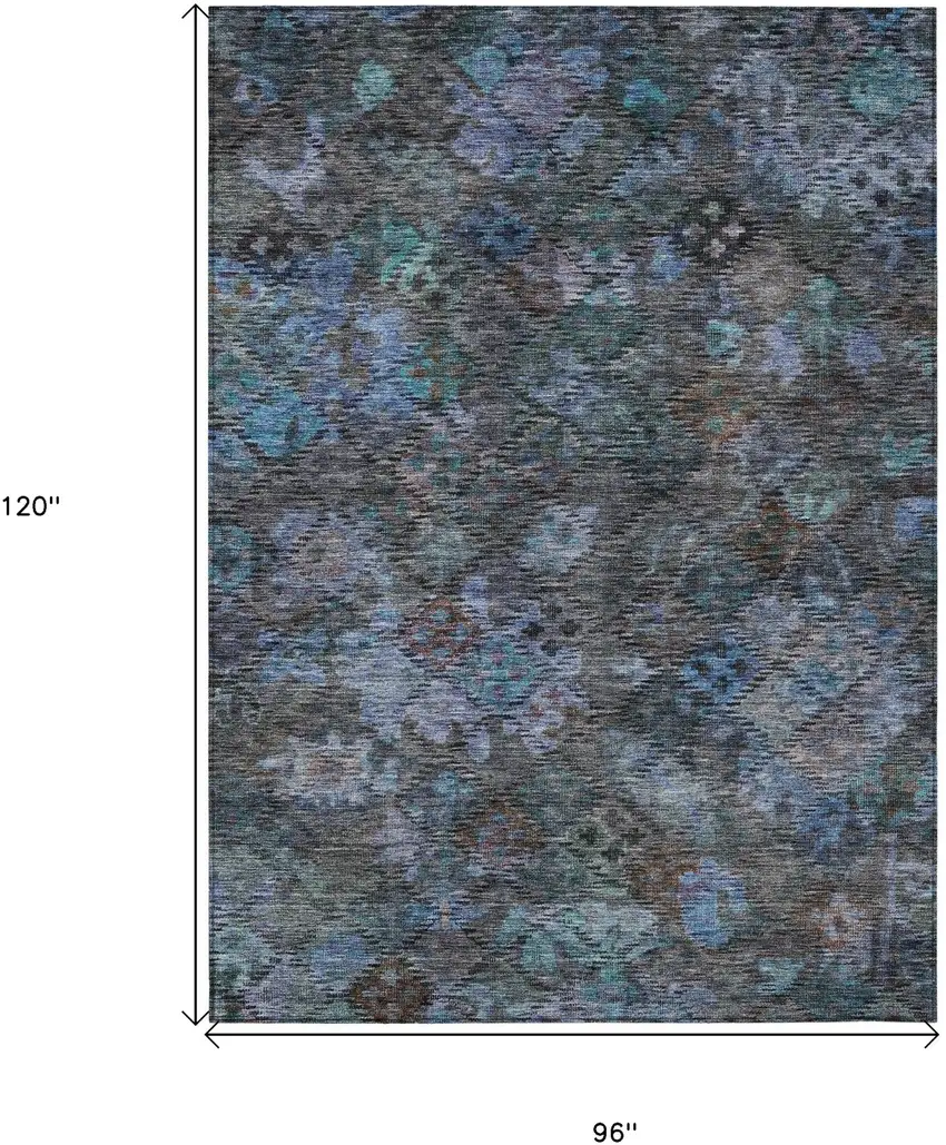 Teal Blue And Charcoal Floral Washable Indoor Outdoor Area Rug Photo 8