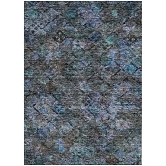 Teal Blue And Charcoal Floral Washable Indoor Outdoor Area Rug Photo 7