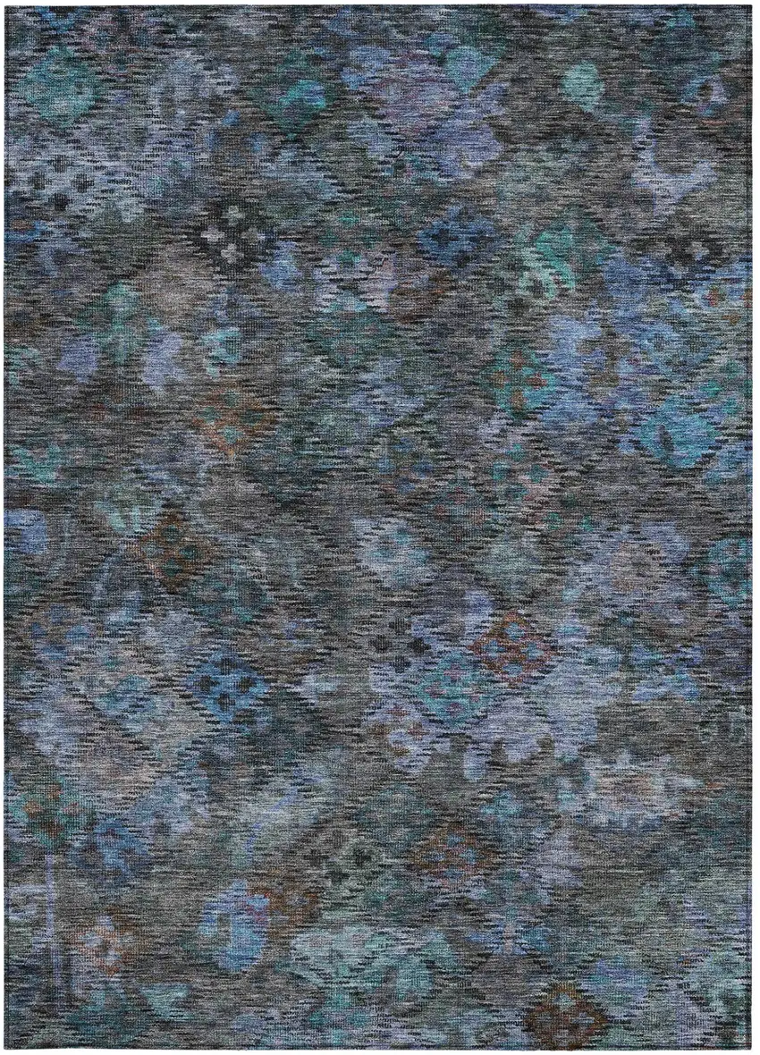 Teal Blue And Charcoal Floral Washable Indoor Outdoor Area Rug Photo 7