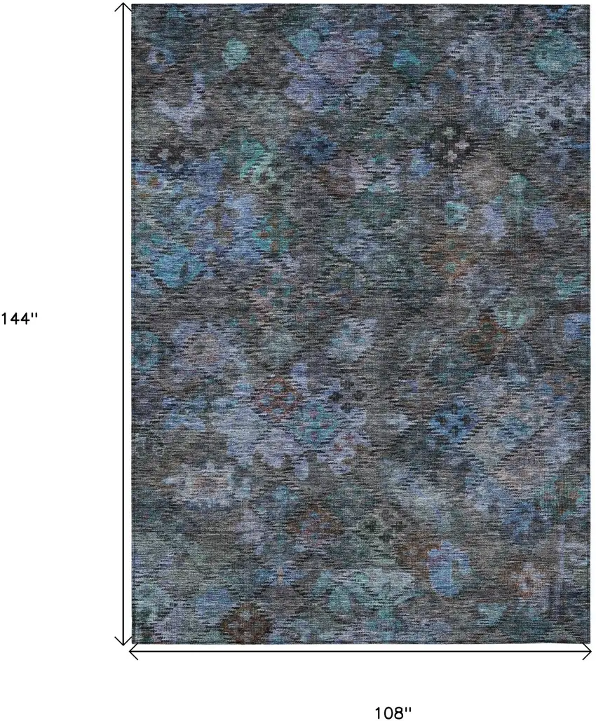 Teal Blue And Charcoal Floral Washable Indoor Outdoor Area Rug Photo 8