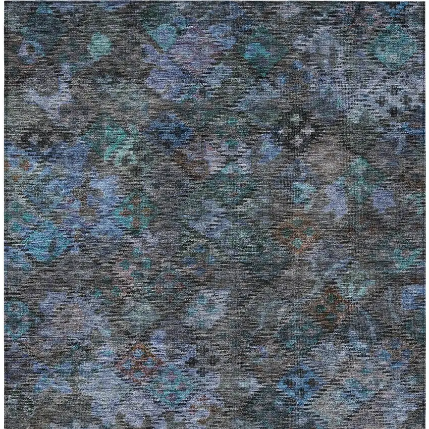 Teal Blue And Charcoal Floral Washable Indoor Outdoor Area Rug Photo 6