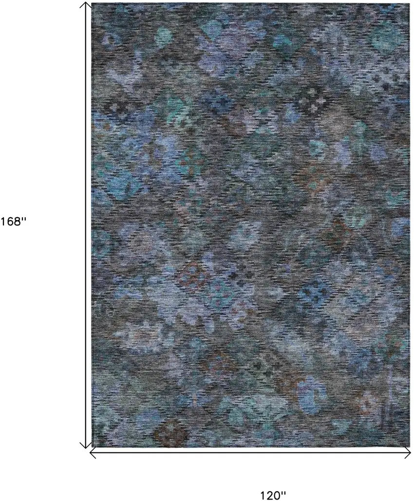 Teal Blue And Charcoal Floral Washable Indoor Outdoor Area Rug Photo 8