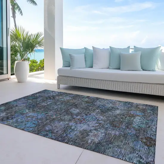 Teal Blue And Charcoal Floral Washable Indoor Outdoor Area Rug Photo 8