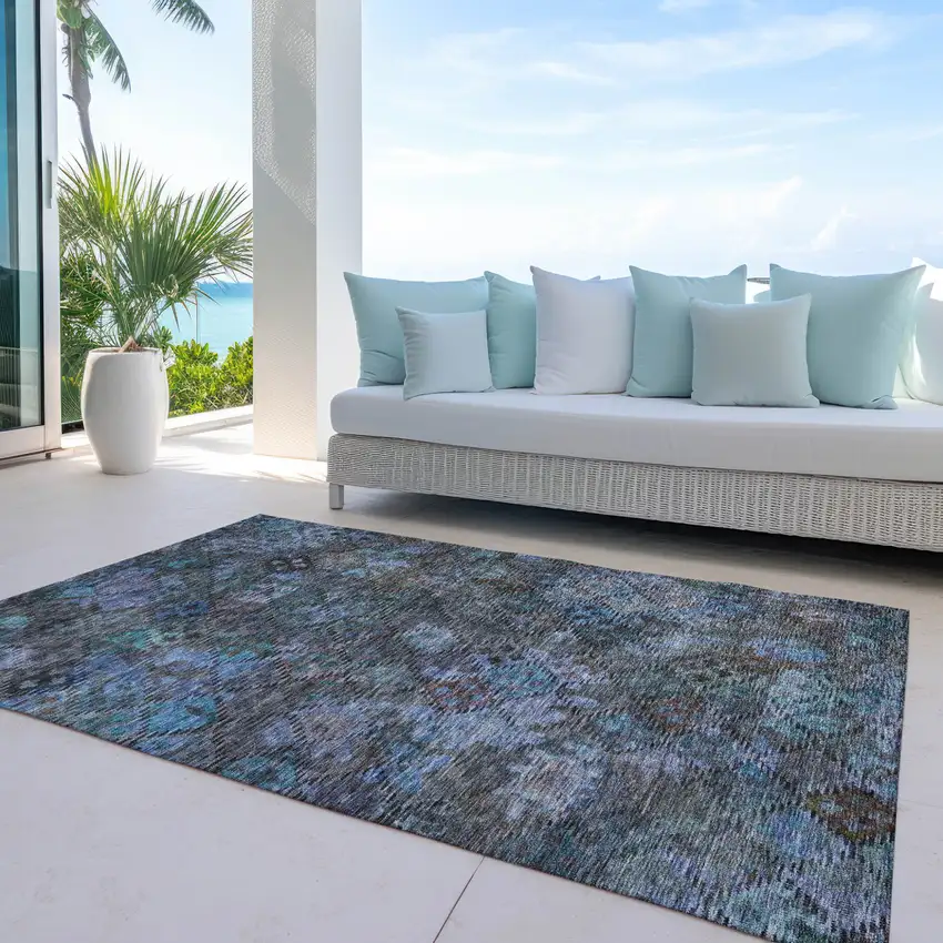 Teal Blue And Charcoal Floral Washable Indoor Outdoor Area Rug Photo 8