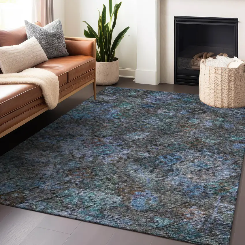 Teal Blue And Charcoal Floral Washable Indoor Outdoor Area Rug Photo 9
