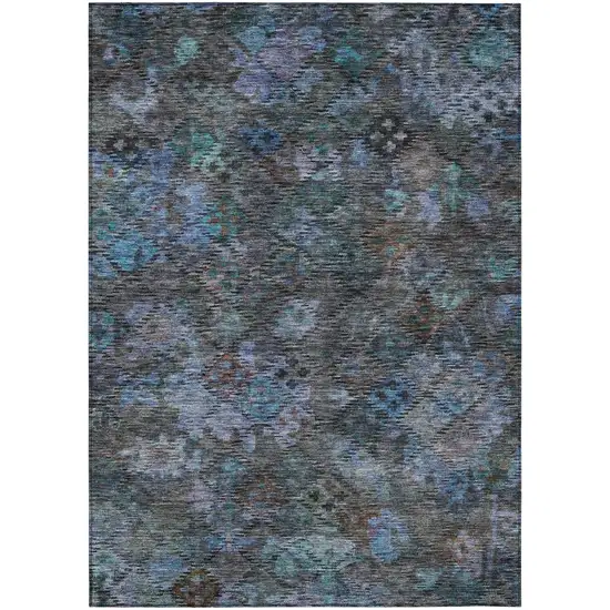 Teal Blue And Charcoal Floral Washable Indoor Outdoor Area Rug Photo 2