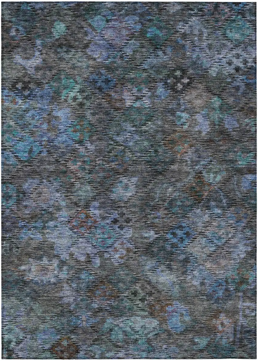 Teal Blue And Charcoal Floral Washable Indoor Outdoor Area Rug Photo 2