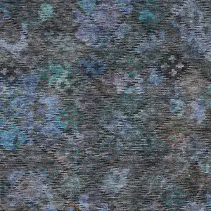 Photo of Teal Blue And Charcoal Floral Washable Indoor Outdoor Area Rug