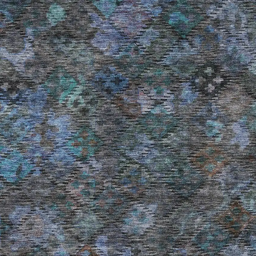Teal Blue And Charcoal Floral Washable Indoor Outdoor Area Rug Photo 6