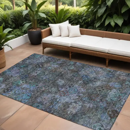 Teal Blue And Charcoal Floral Washable Indoor Outdoor Area Rug Photo 1