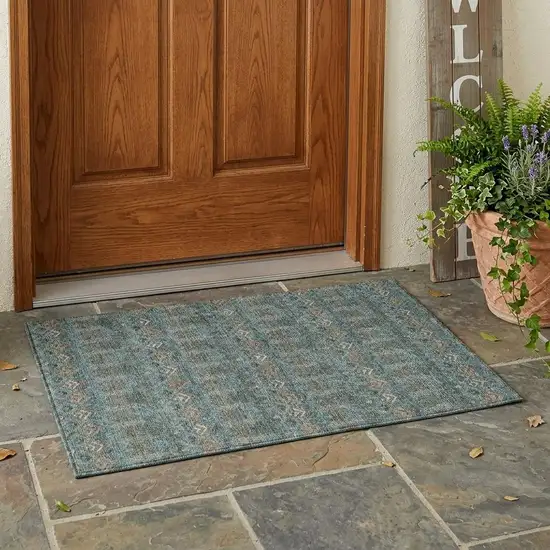 Teal Blue And Charcoal Geometric Washable Indoor Outdoor Area Rug Photo 1
