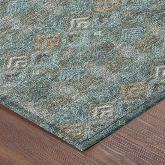 Teal Blue And Charcoal Geometric Washable Indoor Outdoor Area Rug Photo 5